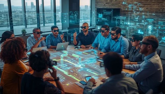 Team collaborating with ar headsets around table interacting with 3d holographic prototype