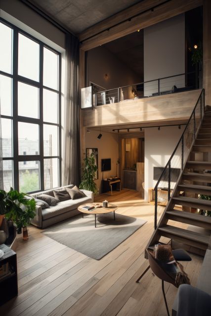 This modern loft apartment features an open living space with high ceilings and large windows that let in abundant natural light. The minimalistic decor includes wooden floors, a cozy sofa, and several plants that enhance the urban living aesthetic. Ideal for use in articles or promotions related to contemporary home design, living spaces, or interior decorating ideas.