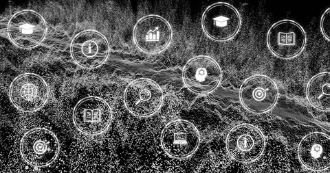 Digital network with global connectivity icons on black background