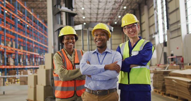 Portrait of diverse workers wearing safety suits and smiling in warehouse. global business, shipping and delivery.