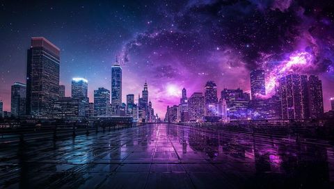 Neon Purple Cyberpunk Cityscape Reflecting on Glossy Plaza Under Cosmic Nebula