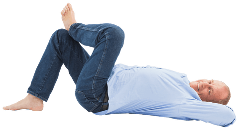 this transparent image features a mature man in blue jeans and a shirt, relaxed and smiling. ideal for presentations, websites, or advertisements highlighting relaxed, positive or carefree lifestyles. perfect for marketing themes involving comfort, leisure, or senior well-being.