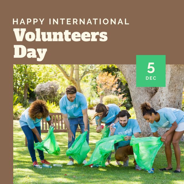 Composition of international volunteer day text and diverse group of volunteers recycling plastic. International volunteer day, sustainability and global environment concept.