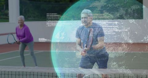 Senior couple enjoying outdoor tennis with digital technology overlay