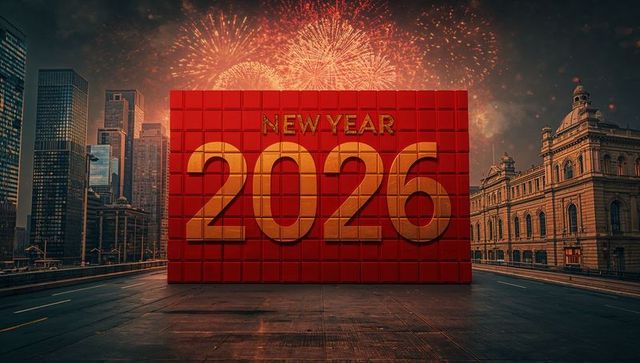 Bold red new year 2026 installation with golden numerals and urban fireworks
