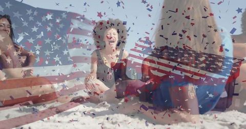 Friends laughing on sunny beach wearing swimsuits with american flag and confetti overlay