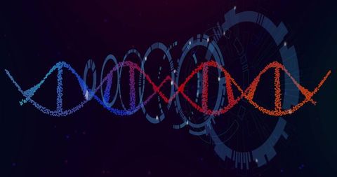 Futuristic DNA Helix with Data Points and HUD Interface