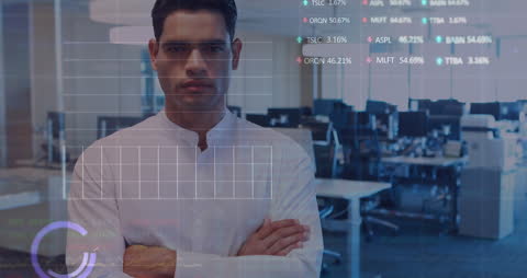 Businessman in Office with Stock Market Data Overlay
