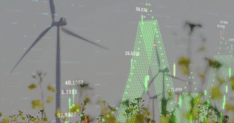 Wind Turbine with Data Overlays in Flower Field Highlighting Innovation