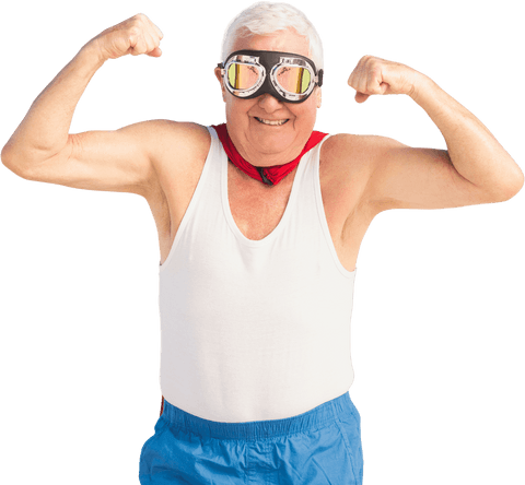 Cheerful senior man flexing muscles in transparent background