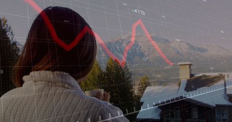 Woman Overlooking Mountain Scenery with Data Overlay