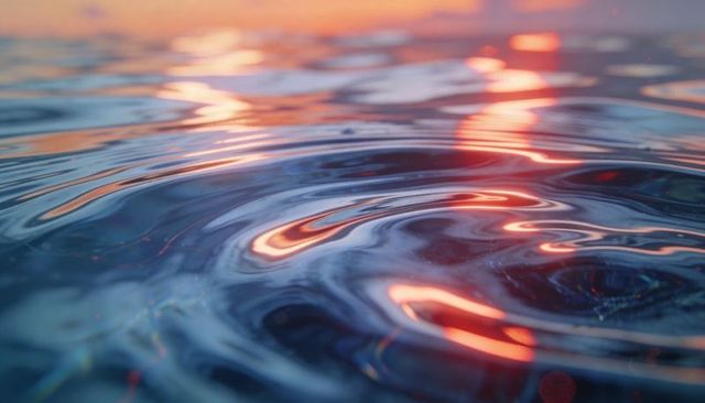 Glowing sunset ripples on ocean surface reflecting warm light and neon specular streaks
