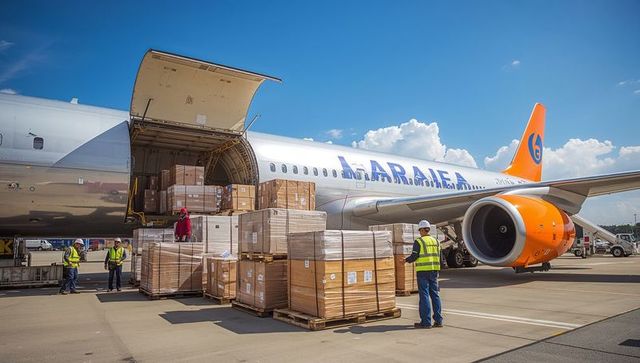Ground crew loading palletized cargo into widebody aircraft cargo hold on sunny tarmac