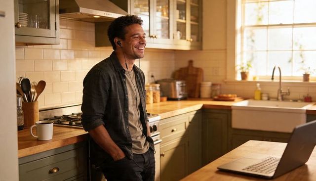 Smiling man leaning in sunlit farmhouse kitchen listening to earbuds while using laptop