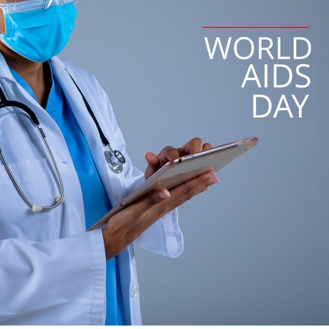 Composition of world aids day text over biracial female doctor. World aids day and celebration concept digitally generated image.