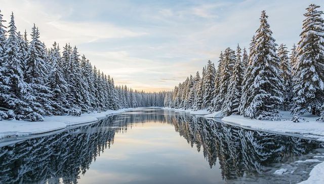 Flowing reflective winter river mirroring snow-covered pine and spruce forest at sunrise