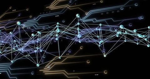 Futuristic Digital Network Mesh with Glowing Spheres and Circuits