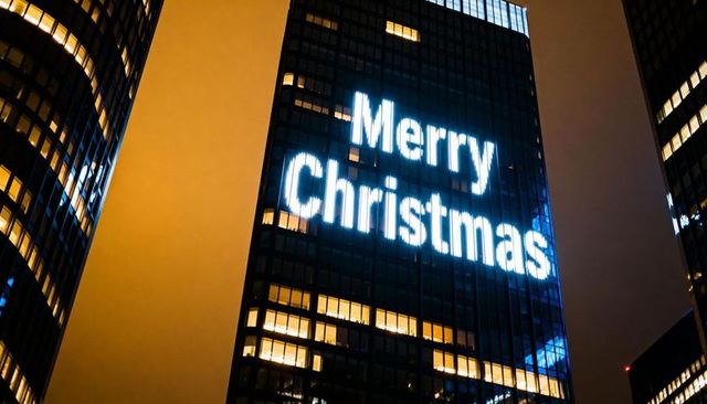 Merry Christmas LED Greeting Lighting Up Glass High-Rise Downtown Night Skyline