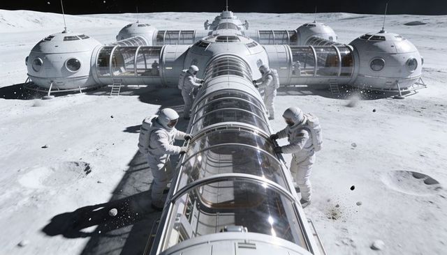 Lunar base astronauts inspecting transparent corridor tunnel and modular dome habitat on Moon