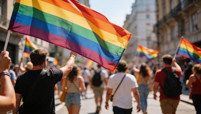 Rainbow pride flags leading march through sunny urban street during summer pride parade