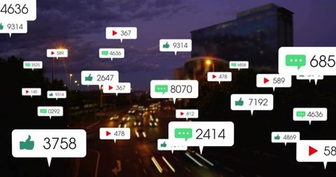 Twilight Urban Highway with Floating Social Media Callouts Showing Likes, Comments, Views