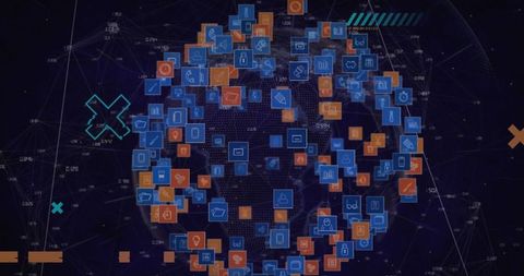 Digital icons spinning around globe illustrating global network