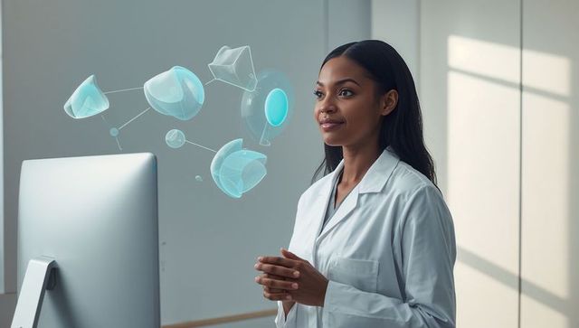 Researcher in Lab Coat Interacting with 3D Holographic Interface at Workstation