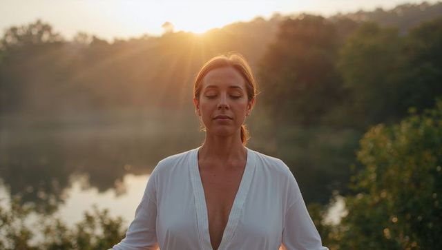 Woman in white blouse practicing yoga at sunrise by lake