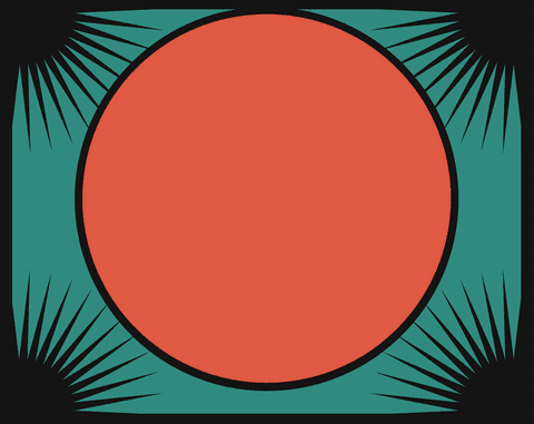 Bold red disc with black spikes on teal transparent effect art
