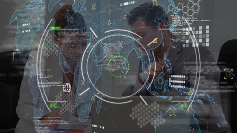 Business Professionals Analyzing Global Data Overlay