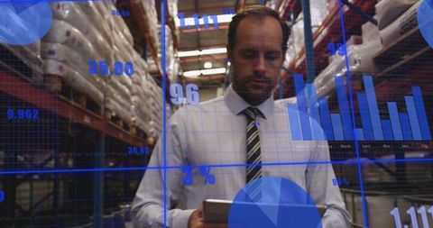 Logistics Manager Reviewing Inventory on Tablet with Analytics Overlay in Warehouse