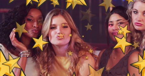 Joyful Female Friends Celebrating with Stars Overlay