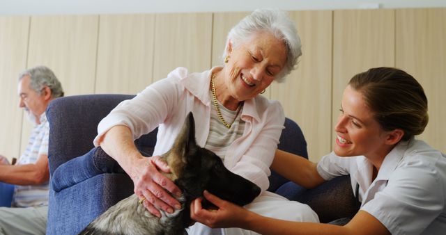 Elderly woman sitting on blue chair and smiling while petting therapy dog; caregiver kneeling and smiling. Can be used for themes related to elderly care, pet therapy, senior homes, happiness, and companionship in healthcare settings.