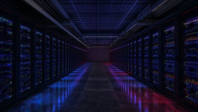 Futuristic data center corridor reflecting neon led strips with server rack symmetry