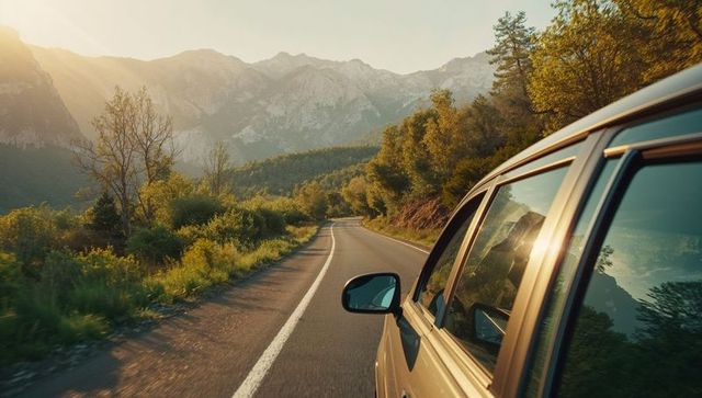 Car Driving on Winding Mountain Road at Sunset