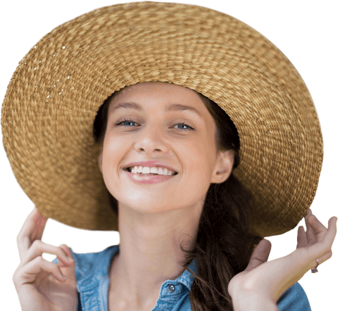 Joyful woman wearing summer hat on transparent background