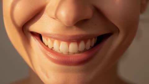 Close-up smiling mouth revealing upper teeth and natural skin texture in warm studio light