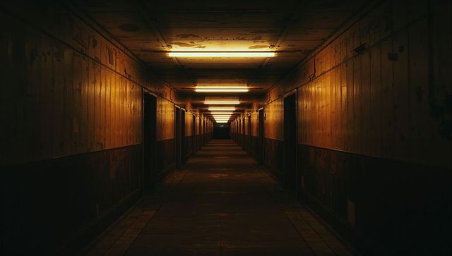 Abandoned industrial corridor with eerie lighting