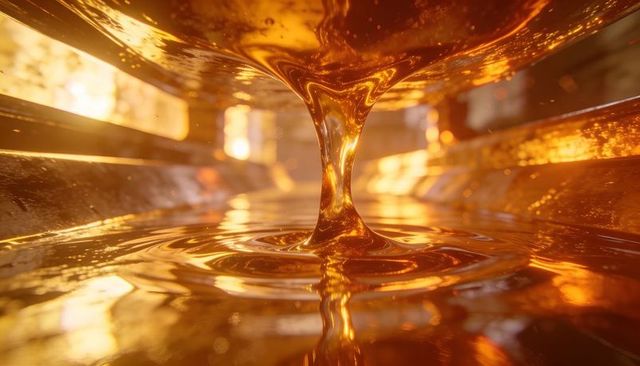 Pouring amber syrup creating glossy ripples, warm golden reflections, macro detail