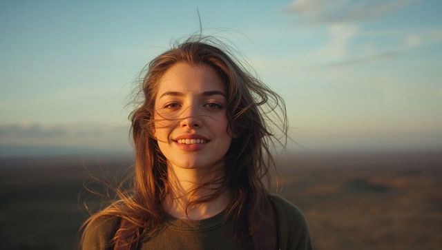 Smiling young woman facing camera on windswept plain at golden hour wearing olive-green