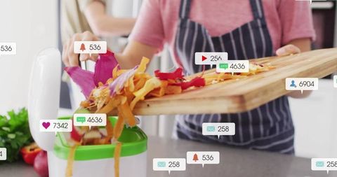 Home cook interacting with technology and fresh ingredients