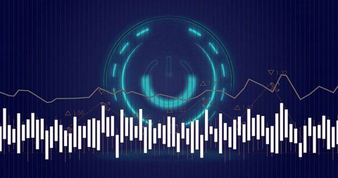 Glowing neon power icon over data dashboard showing audio equalizer and line chart