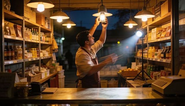 Evening market shopkeeper adjusting pendant lamp over rustic grocery stall with warm glow