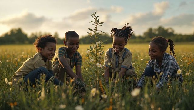 Children Planting Sapling in Wildflower Meadow at Sunset