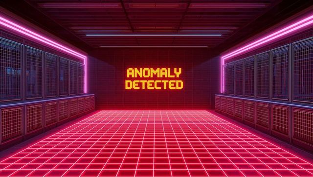 Cyberpunk Data Center Corridor with Neon Grid Floor and Anomaly Detected LED Sign