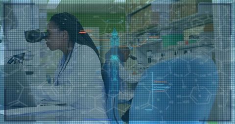 African American Scientist using Microscope with Digital Interface Overlay