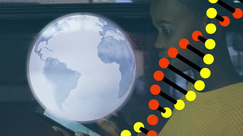 Girl Using Smartphone with Digital DNA and Globe Overlay