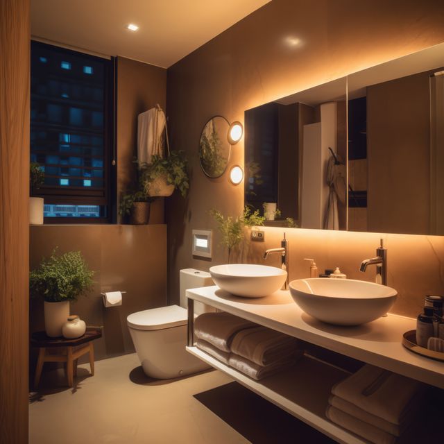 A modern bathroom setup featuring double vessel sinks, warm tone lighting, and indoor plants provides a cozy and stylish ambiance. The wide mirror with built-in lights, the open shelves with folded towels, and decorative plants enhance the contemporary, minimalist feel. This picture is ideal for home decor websites, interior design inspirations, and lifestyle blogs.