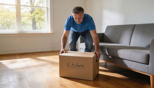 Middle-aged man packing kitchen box in sunlit minimalist living room during move