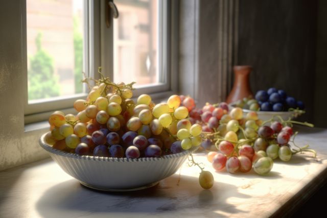 Sunlight streams through window onto bunches of ripe grapes in various colors, arranged in a bowl on a rustic kitchen table. Ideal for health food advertisements, home decor, and wellness promotions.
